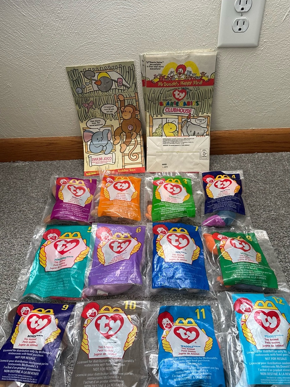 1996 McDonalds Happy Meal Complete Set (12)  of Ty Beanie Babies and 6 Bags